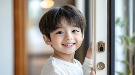 A cheerful boy stands by a door, beaming with joy. His playful smile and bright eyes reflect the happiness of a sunny day spent indoors.の素材