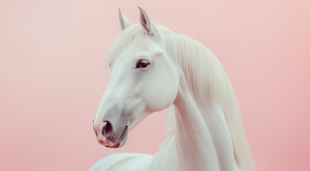 A beautiful white horse stands proudly with its long mane cascading. The soft pink background highlights its elegance and grace in this serene moment.の素材