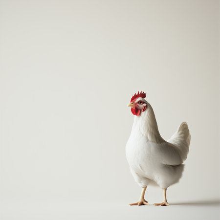 A white hen stands confidently on a soft surface, displaying its feathers and vibrant comb. The setting is minimalistic, highlighting the hens features and posture.の素材