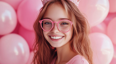 A girl wearing a crown and pink glasses smiles brightly at her birthday celebration surrounded by pink balloons. The joyful atmosphere captures the essence of childhood happiness.の素材