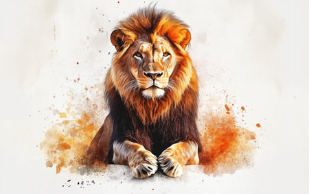 A lion sits calmly with a regal expression, showing its thick mane and strong build. The background features warm, soft colors that enhance the lions elegance.の素材