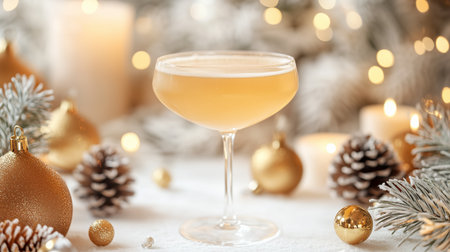 A sparkling drink is served in a classic glass surrounded by holiday decorations. Golden ornaments, pinecones, and candles create a warm festive atmosphere during winter festivities.の素材