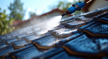A worker uses a pressure washer to clean a tiled rooftop in a sunny residential area. Water sprays off the tiles, creating a refreshing scene during the cleaning task.の素材