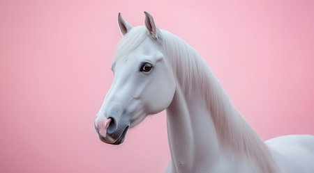 A striking white horse gazes calmly, its mane flowing gracefully. The soft pink background enhances its elegant features, creating a serene atmosphere.の素材