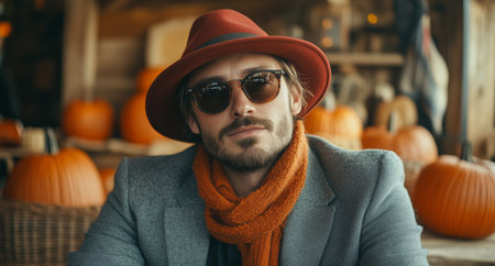 A man with a stylish hat and scarf sits in a warm caf, surrounded by pumpkins. The ambiance reflects the charm of fall and offers a sense of comfort and style.の素材