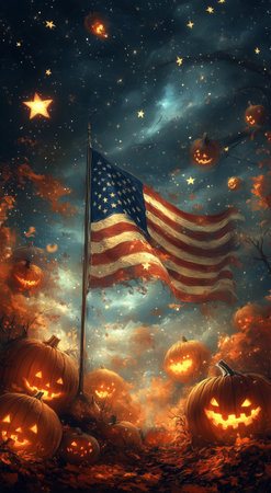 The American flag flutters proudly in the wind, surrounded by glowing pumpkins and a vibrant, spooky night sky filled with clouds and falling leaves.の素材