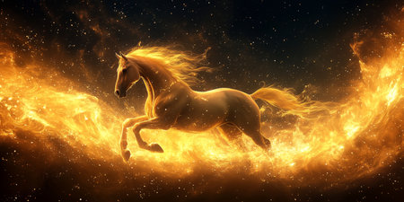 A stunning horse leaps gracefully through swirling flames, its mane and tail illuminated with gold light against a starry background. The scene captures a moment of power and beauty.の素材