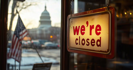 A closed sign hangs outside a building, with the US Capitol dome visible in the distance. A quiet street reflects a sunny day, indicating a peaceful atmosphere in the area.の素材