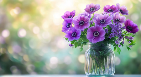 A jar filled with vibrant purple flowers sits on a table, surrounded by greenery and soft sunlight. The scene radiates freshness and natural beauty, capturing the essence of spring.の素材