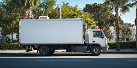A delivery truck is parked on a busy street surrounded by palm trees. It is bright and sunny, showing signs of urban life. The area feels lively and energetic.の素材