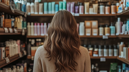 A woman stands in front of a well-stocked shelf filled with various hair care products. She observes the colorful packaging while considering her choices during her shopping trip.の素材