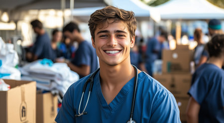 A young male healthcare worker smiles brightly as he helps at a community health fair. The bustling outdoor location features boxes and other medical professionals nearby.の素材