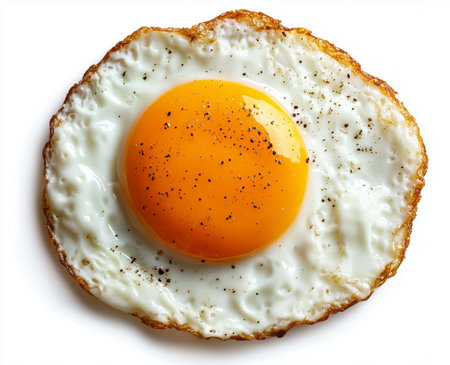 A fried egg with a vibrant yellow yolk sits on a plain white surface. The egg white is crispy around the edges, and black pepper is sprinkled on top for added flavor.の素材