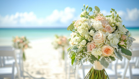 A stunning floral bouquet stands in the foreground at a beach wedding. White chairs are arranged on the sand, overlooking the clear ocean and bright blue sky.の素材