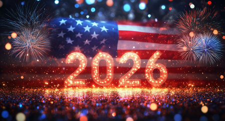 Colorful fireworks light up the night sky behind the American flag as shimmering lights form the year 2026 on a festive surface.の素材