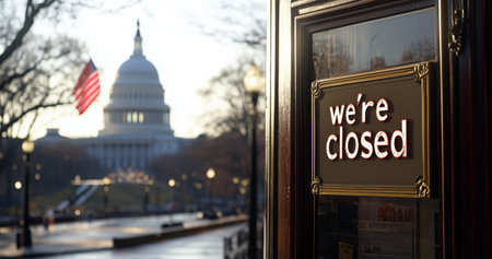 A door sign reads we are closed as the sun rises behind the Capitol Building. The scene captures the quiet atmosphere of the early morning.の素材