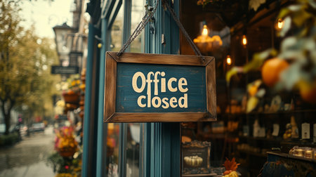 A wooden sign displays office closed in a cozy storefront adorned with autumn decorations. Rain falls softly, setting a calm mood for the quiet street outside.の素材