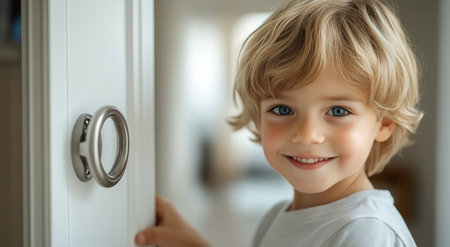 A cheerful young boy with curly blond hair stands near a door, smiling and looking towards the camera. Soft light fills the room, creating a warm atmosphere.の素材