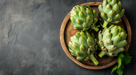 A wooden plate holds several fresh artichokes alongside vibrant greens. The dark countertop serves as a stylish background, enhancing the natural colors and textures of the vegetables.の素材