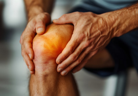 A man sits on a gym bench, holding his knee with a pained expression, indicating discomfort or injury while engaged in exercise or training.の素材