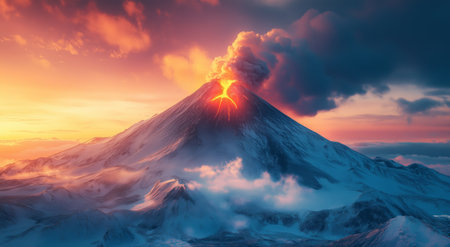 A volcano erupts against a stunning sunset, illuminating the sky with fiery hues. The snowy landscape reflects the vivid colors, creating a breathtaking view of natures force.の素材