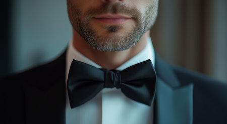 A well-dressed man showcases a classic black bow tie, demonstrating elegance and style during a formal gathering in a softly lit setting.の素材