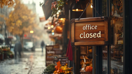 A wooden sign reading office closed hangs outside a cozy shop. Raindrops reflect the colorful decor along the street lined with autumn leaves and softly glowing lights.の素材