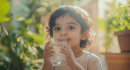 A young child with curly hair is sipping water from a clear glass while surrounded by vibrant green plants in a sunny garden setting.の素材