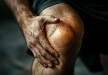 A man sits on the floor, holding his knee with a pained expression. He seems to be recovering from an exercise injury in a well-lit indoor space.の素材