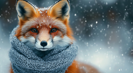 A lively orange fox stands in a snowy forest clearing, wearing a cozy knitted scarf. The winter afternoon sun casts a warm glow on its fur as it gazes curiously at its surroundings.の素材