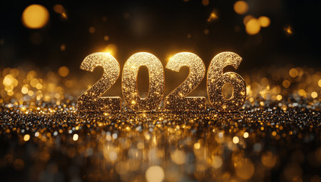 Bright golden numbers representing the year 2026 shine against a sparkling backdrop, creating a festive atmosphere perfect for New Year celebrations.の素材