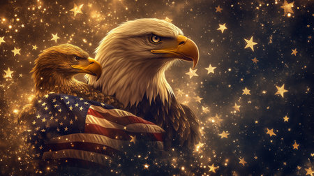 Two eagles stand proudly, one young and one mature, with a backdrop of stars and stripes. The scene evokes a sense of freedom and patriotism in a serene setting.の素材
