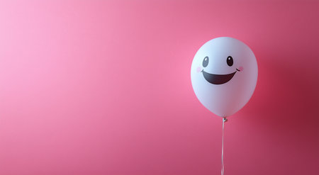 A joyful white balloon with a smiling face floats against a bright pink background. This playful scene enhances the festive mood for parties or special occasions.の素材