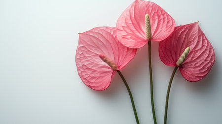 Three pink anthurium flowers stand elegantly against a white background, showing their smooth texture and vibrant colors in a peaceful display of natures beauty.の素材