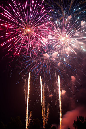 Bright fireworks burst into the night sky, filling the air with vibrant colors and excitement at a local celebration in the park. Families gather to enjoy the show.の素材