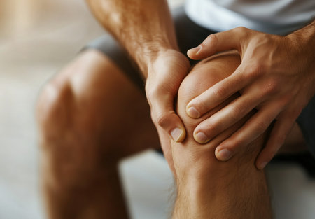 A man sits on the floor, holding his knee with a pained expression. He seems to be recovering from an exercise injury in a well-lit indoor space.の素材