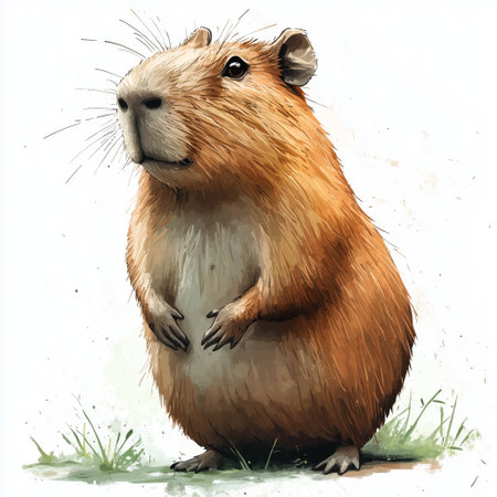 A capybara stands on its hind legs in a grassy area, displaying its round body and warm, soft fur while observing its surroundings with a curious look.の素材
