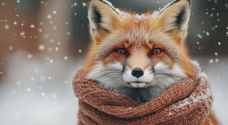 A fox stands in a snowy setting, wearing a thick knitted scarf. The scene captures the essence of winter, with soft snowflakes falling gently around the fox.の素材