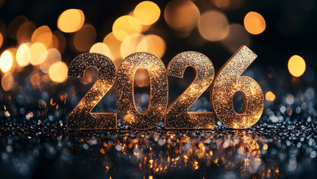 Golden numbers 2026 shine brightly against a background of colorful bokeh lights and glitter, creating a festive atmosphere for New Years celebrations.の素材