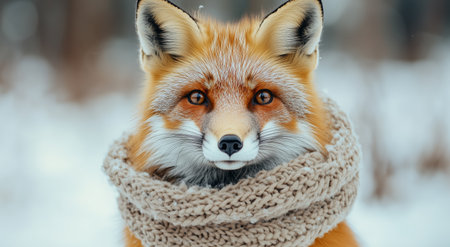A lively orange fox stands in a snowy forest clearing, wearing a cozy knitted scarf. The winter afternoon sun casts a warm glow on its fur as it gazes curiously at its surroundings.の素材