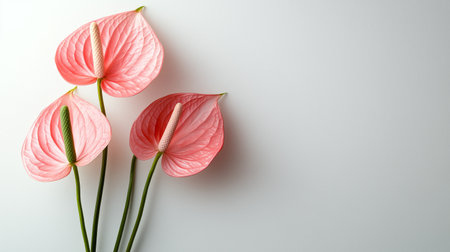 Three pink anthurium flowers stand elegantly against a white background, showing their smooth texture and vibrant colors in a peaceful display of natures beauty.の素材