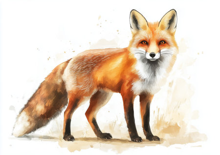 A fox stands gracefully in a grassy field, highlighting its striking orange and white fur. The animal appears curious while surrounded by a natural landscape under bright daylight.の素材