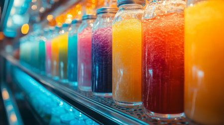 Various colorful beverages sit in glass jars on a display shelf at a market. The bright hues range from vibrant pinks to yellows, attracting customers during the busy afternoon.の素材