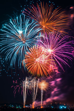 Bright fireworks burst into the night sky, filling the air with vibrant colors and excitement at a local celebration in the park. Families gather to enjoy the show.の素材