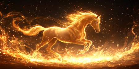 A majestic golden horse gallops through swirling flames in a vibrant sky at dusk. The scene radiates energy and excitement, highlighting the power of this stunning creature.の素材