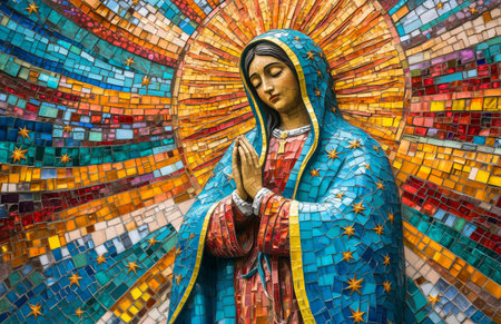 A colorful mosaic shows a figure with hands clasped in prayer, surrounded by vibrant tiles. The artwork radiates warmth and tranquility, creating a serene atmosphere.の素材