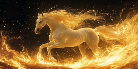 A majestic golden horse gallops through swirling flames in a vibrant sky at dusk. The scene radiates energy and excitement, highlighting the power of this stunning creature.の素材