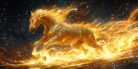 A powerful horse runs freely through swirling flames, its mane and tail engulfed in fire. The background features a cosmic landscape filled with stars and dark skies at twilight.の素材