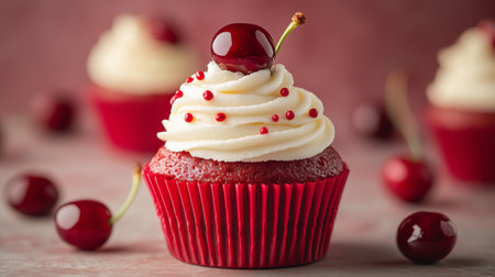 Freshly baked red velvet cupcake topped with creamy frosting, decorated with a cherry and colorful sprinkles, resting on a simple dessert table with other cherry accents.の素材