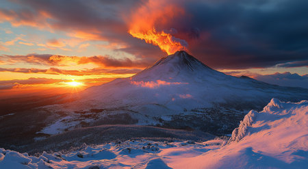 A dramatic scene unfolds as a volcano erupts at sunset, casting a vibrant glow of orange and red across the sky. Lava flows down its slopes, creating a striking contrast with dark clouds.の素材